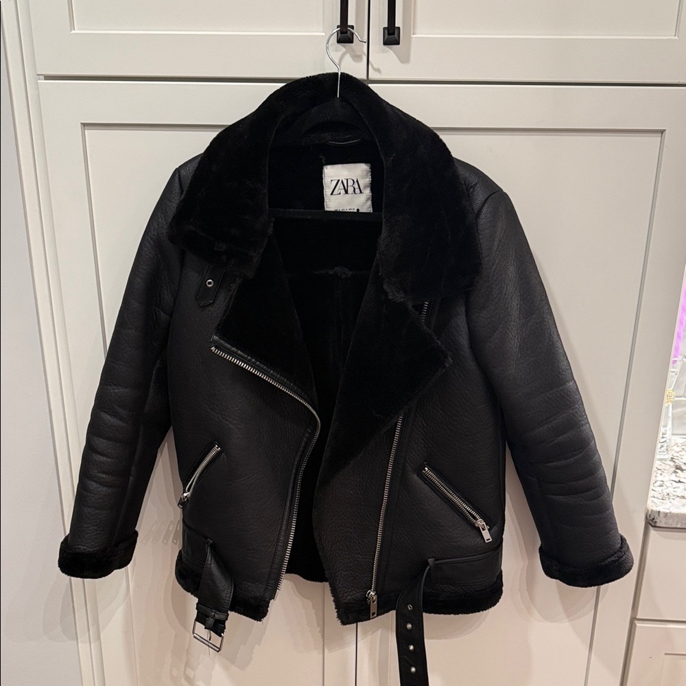 Zara Women's Black Vegan Leather Jacket with Silver Accents